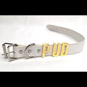 White Dog Collar Faux Leather With Metallic Letters Spelling PUD